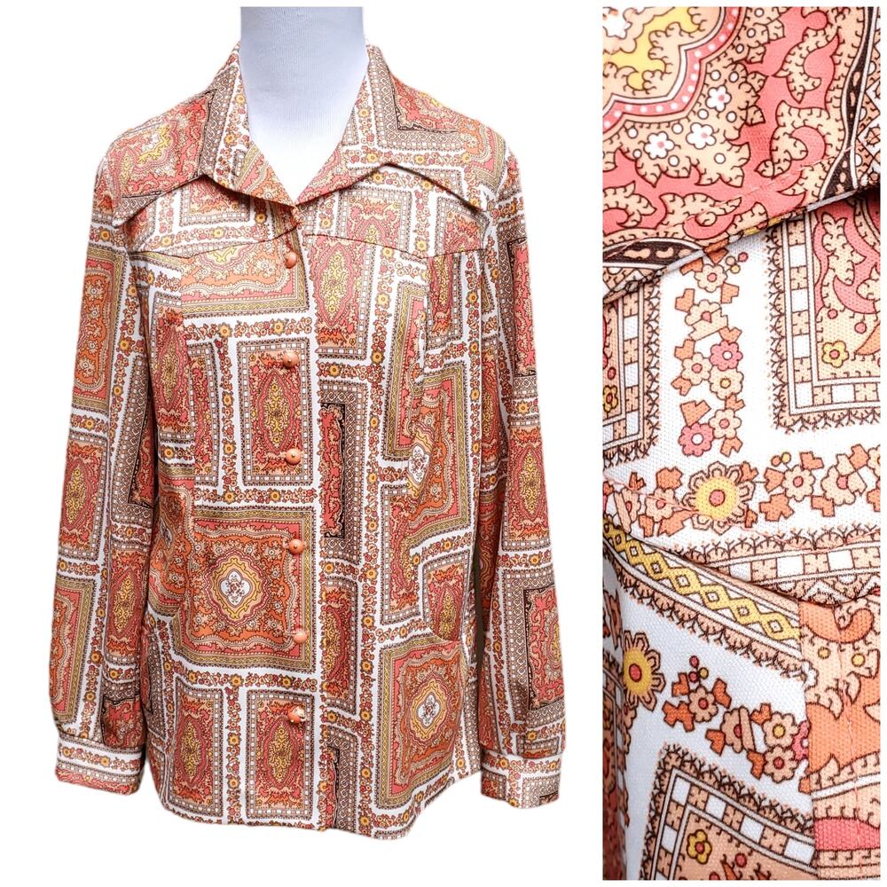 VTG Handmade Orange Paisley Button Down Blouse Top Poly Pointed Collar Fits M